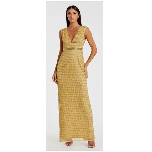 NWT Mac Duggal Gold Beaded Cap Sleeve V Neck 5625 Column Gown - Picture 1 of 13